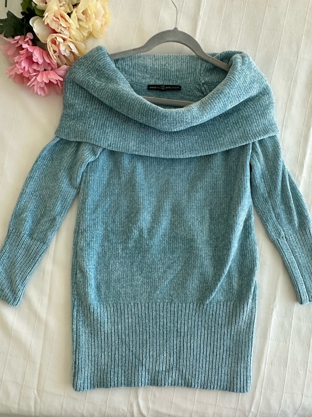 White House Black Market NWOT Teal Off-Shoulder Chenille Sweater!